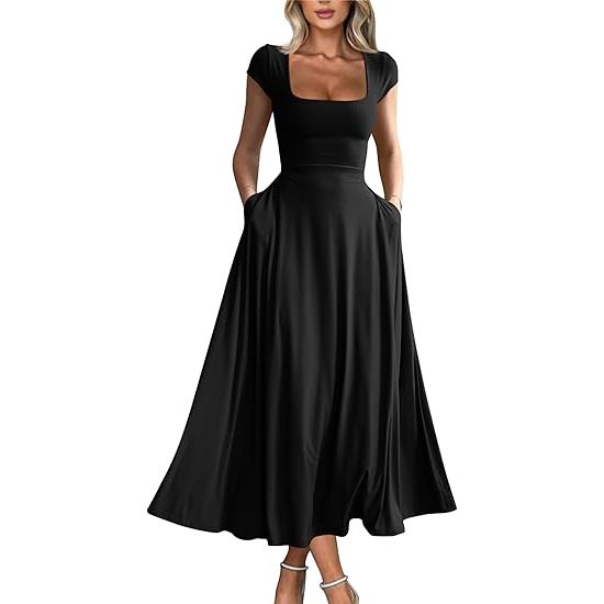 Square Neck Short Sleeve Back Tie Long Dress