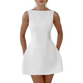 Crew Neck Open Back Slim A-line Mini Dress