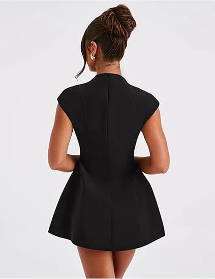 Deep V Neck Cap Sleeve A-line Mini Dress
