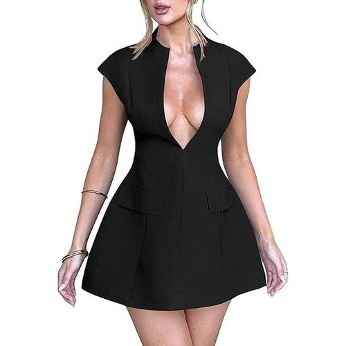 Deep V Neck Cap Sleeve A-line Mini Dress