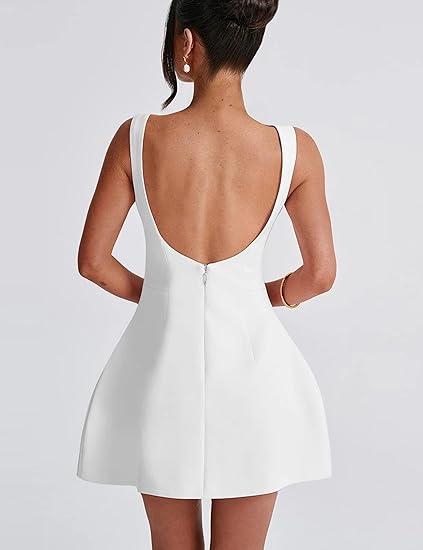 Crew Neck Open Back Slim A-line Mini Dress