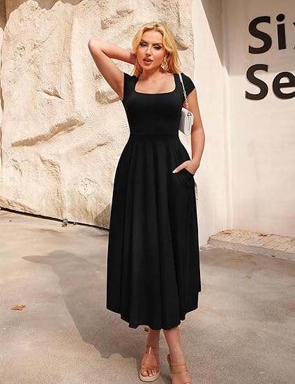 Square Neck Short Sleeve Back Tie Long Dress