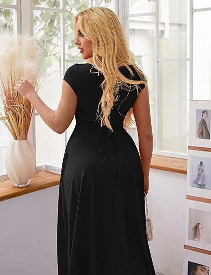 Square Neck Short Sleeve Back Tie Long Dress